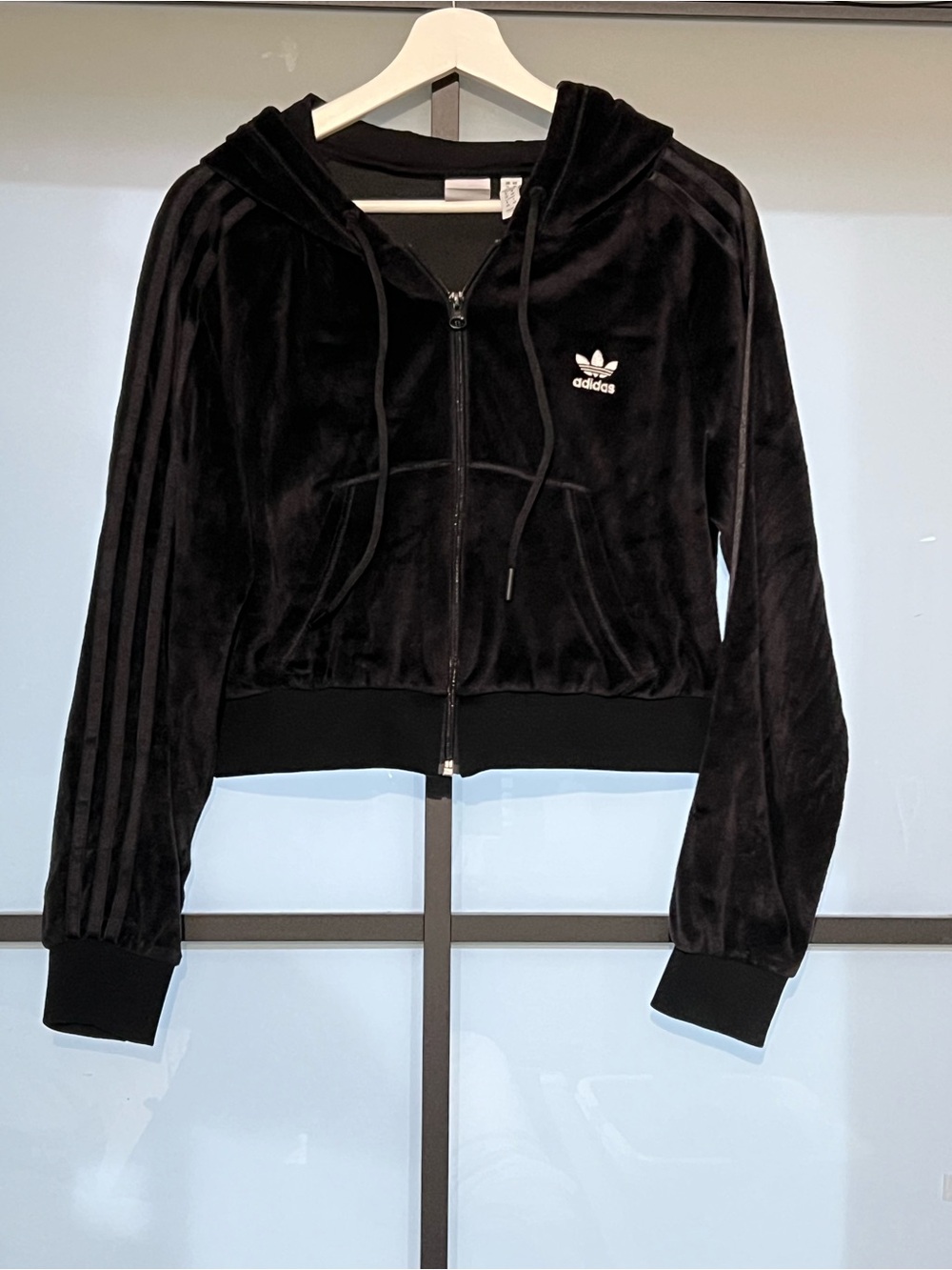Adidas Originals Black Velour Full Zip Hoodie Women’s M Trefoil 3 Stripe Y2K